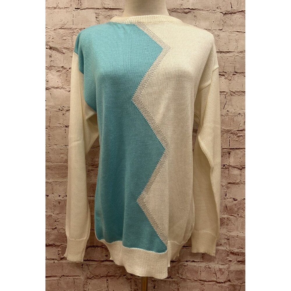 Vintage Sweater Women Italy Size 44 US 8/MEDIUM 80's Acrylic Blue White Metallic